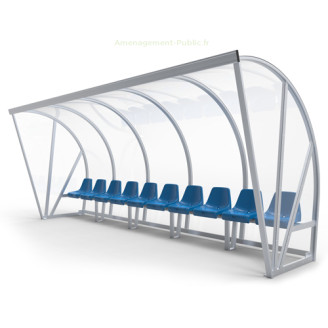 Abri de touche monobloc 10 sièges avec toit en auvent Abri de touche 10 places en aluminium et polycarbonate