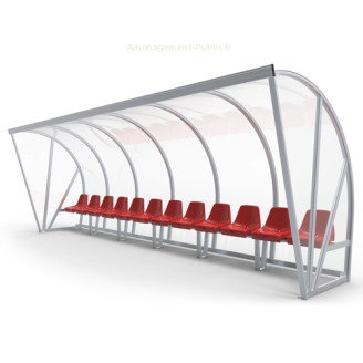 Abri de touche monobloc 12 sièges avec toit en auvent Abri de touche 12 places en aluminium et polycarbonate
