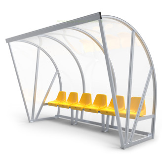 Abri de touche monobloc 6 sièges avec toit en auvent Abri de touche 6 places en aluminium et polycarbonate