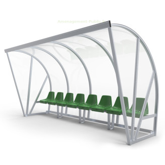 Abri de touche monobloc 8 sièges avec toit en auvent Abri de touche 8 places en aluminium et polycarbonate