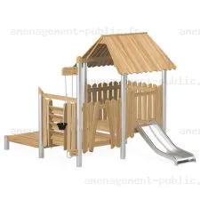 Cabane en bois de robinier pour aires de jeux extérieures.