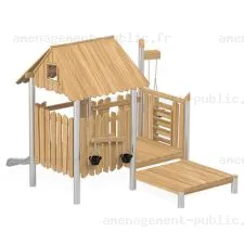 Cabane en bois de robinier pour aires de jeux extérieures.